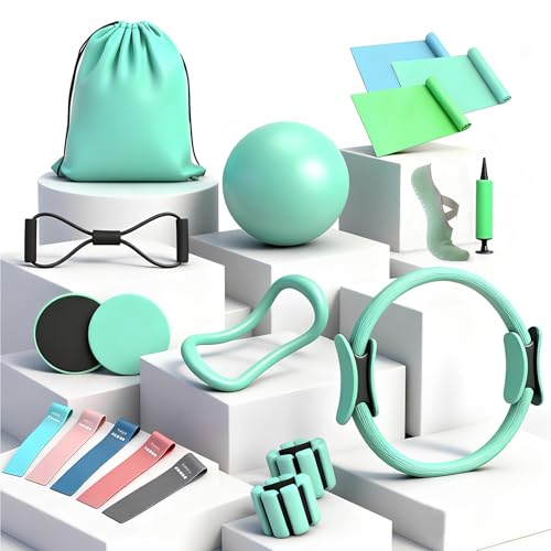19PCS Pilates Kit, Mint Green Home Pilates Workout Kit for Women, Pilates Equipment with 14