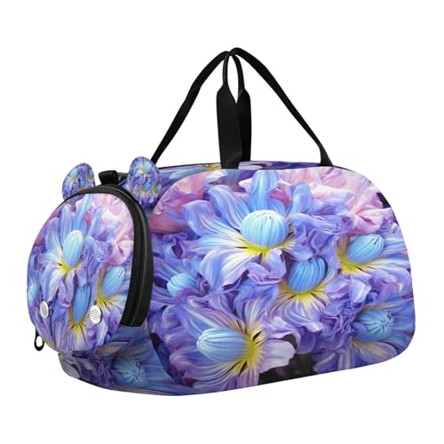 YETTASBIN Sport Travel Duffel Bag for Girls Boys, Blue Flower Large Waterproof Weekender Overnight Bag, Detachable Shoulder Strap Gym Bag with Shoe Compartment & Wet Pocket