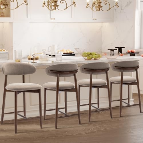 Image of Upholstered Counter Height Bar Stools Set of 4, Kitchen Island Stools with Back, Modern Counter Stools Island Bar Chairs with Wood Legs for Kitchen Island Dining Room Bar, Camel