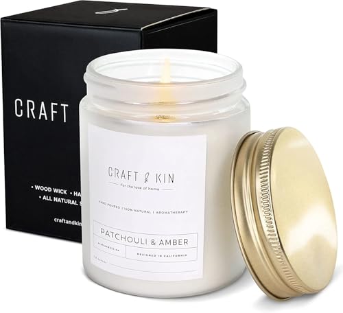 Craft & Kin Patchouli & Amber Scented Candle | 8 Oz, 45-Hour Long Lasting | Classic Soy with Woodwick Winter Candles | Made with Natural Soy | Holiday Candles Gifts for Men and Women