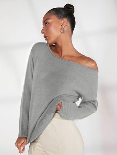 Image of SKAYS Off The Shoulder Sweater Women, Shoulder Slouchy Knit Pullover, Solid Asymmetrical Neck Drop Shoulder Sweater