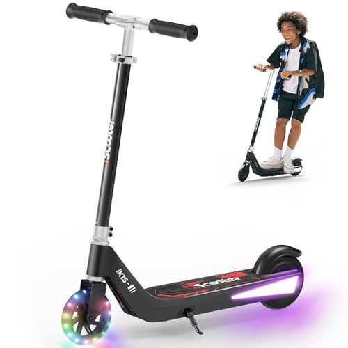 iScooter iK1 Electric Scooter for Kids Aged 6-10, Adjustable Speed & Height, Magnetic Safe Charging, Colorful Flashing Wheels & Deck Lights, E Scooter Suit for Beginners Stygian IK1S-6/9MPH