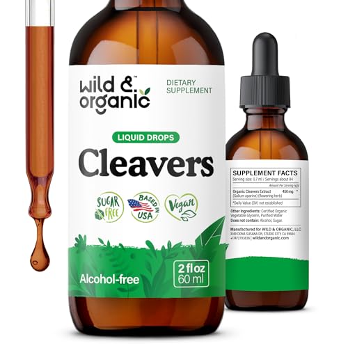 Wild & Organic Cleavers Lymphatic Drainage Supplements - Cleavers Extract Drops for Detox Support - Add to Tea Tincture - Galium Aparine Herb Supplement - Vegan Sugar & Alcohol-Free - 2 fl oz
