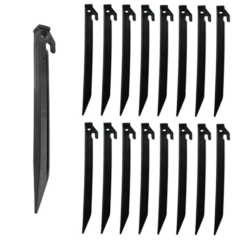 YiiSeeJo 16 Pack Plastic Tent Stakes 9 Inch, Heavy Duty Beach Tent Pegs Canopy Stakes, Black Edging Stakes for Campings, Backpacking, Gardening