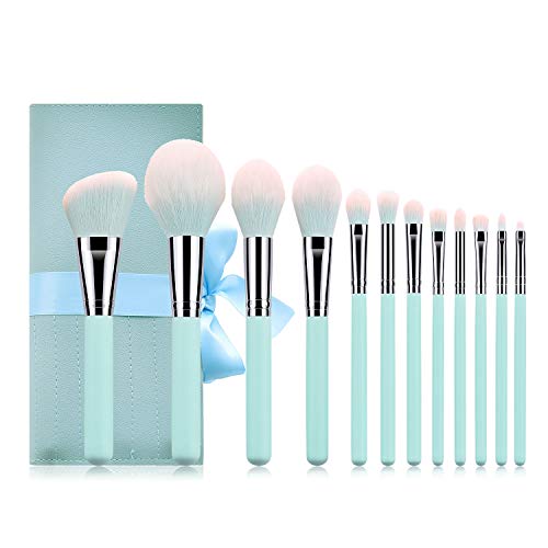 Makeup Brushes Set 12 Pieces Professional Cosmetic Makeup Brush Kit with Wooden Handle Synthetic Bristle for Face Powder Foundation Blending Eye Shadow Concealer Makeup Brush Bag (Light Blue)