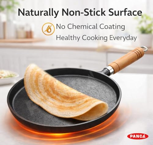 Image of PANCA Cast Iron Tawa 24cm Pre-Seasoned - Non Stick Iron Tawa for Roti, Dosa, Chapati | Induction & Gas Compatible Flat with Wooden Handle | Heavy Duty Cast Iron Cookware (Flat Tawa)