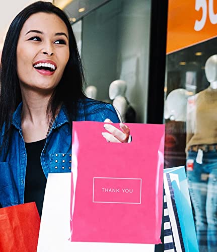 Miniatura 5 de Purple Q Crafts Bolsas de compras de plástico troqueladas rosadas con logotipo de agradecimiento de 12 x 15 pulgadas, con asas, paquete de 100