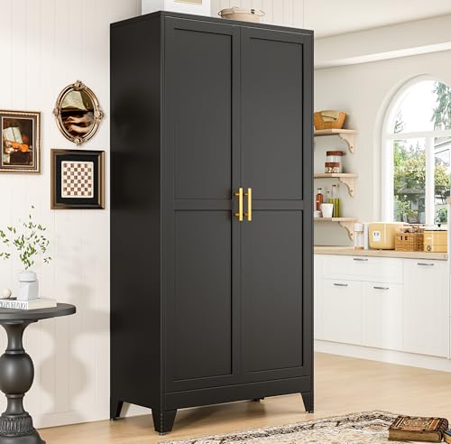 Image of PAOFIN 75 inch Metal Kitchen Pantry Cabinet, Storage Cabinet with Doors and 5 Adjustable Shelves, Cabinet with 2 Metal Handles,Tall Cabinet for Livingroom,Pantry, Bathroom,Kitchen Black