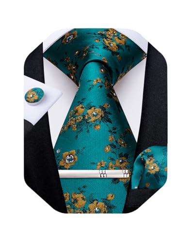 Image of DiBanGu Silk Floral Ties for Men Woven Paisley Necktie and Tie Clip Handkerchief Cufflinks Set for Party Wedding