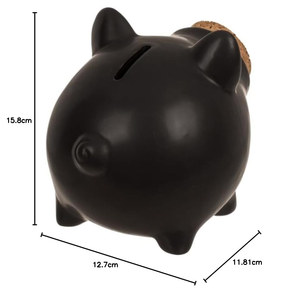 Hucha Cerdito Cerámica. Hucha Original con Tapón de Corcho en Hocico. (Negro)