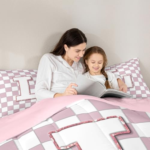 Image of Erosebridal Pink Initial L Comforter Set Full Kawaii Plaid Checkered Bedding Set Cute Personalized Monogram Comforter for Kids Girls Teen Women,Fashion Grids Gingham Quilt Duvet