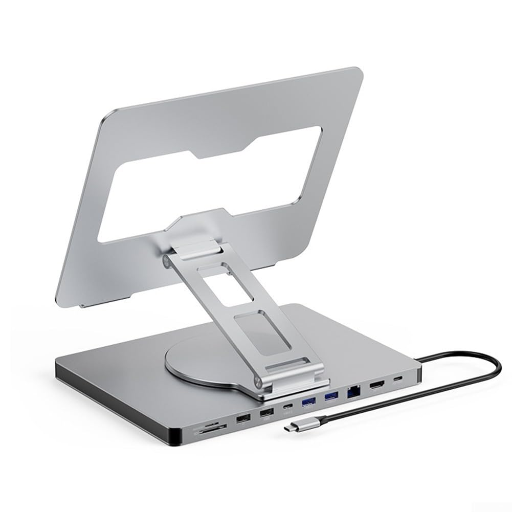Stand per Notebook Ergonomico con Docking Station 4K, Supporto PC Portatile in Lega di Alluminio, Design Girevole e Ventilato per MacBook per dell per hp