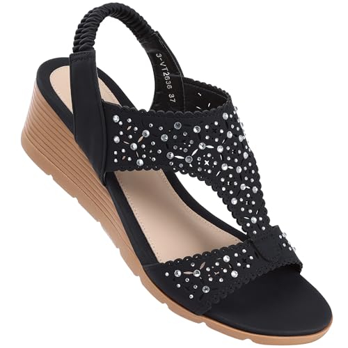 Image of Wedge Sandals Women Dressy: Summer Low Wedges Comfort Sandal - Comfortable Strappy Casual Womens Sandals