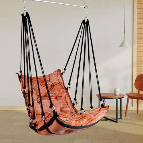 Image of JULJULIA Swing for Balcony Comfortable Cotton Swing Relaxing Jhula for Adults for Home Indoor Outdoor Hanging Seat for Apartment Patio Terrace Garden- 200 kg Weight Capacity - Velvet Design Orange