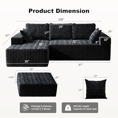 Image of Modular Sectional Sofa Couches L-Shape Couch 3 Seat Modular Sofa Memory Foam Sectional Couches for Living Room (Black, 108 inch+Left Chaise + Ottoman)