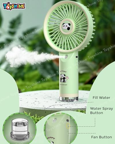 Image of Toyshine Cute Jolly Panda Design Portable Rechargeable Handheld Personal Short Handle Small Desk Fan with 3 speed Airflow & Water Spray Feather For Travel /Office /Desktop Kids Girls indoor Outdoor use