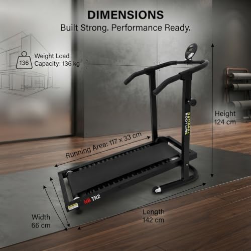 Image of National Bodyline TR02 Manual Treadmill for Home Non-Electric Foldable Walking & Jogging Machine 48 x 13 Inch Running Surface Heavy Duty Steel Frame LCD Display Black