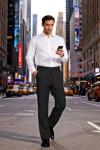 Soojun Men\'s Classic Fit Flex Waist Flat Front Dress Pant, Black, 36W x 30L - Thumbnail 3