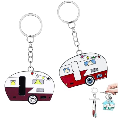 TrustBlai Double-Sided RV Camper Keychain 2 Pack Retro Travel Trailer Metal Key Ring for Women Men Durable Camping Gear Accessories for Backpack Purse Cute Couples Gift Set