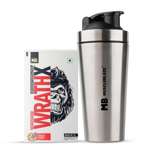 MuscleBlaze Pre Workout WrathX Powder, Fruit Fury, 270g + Shaker | Includes 700ml Stainless Steel Gym Shaker-picture-36