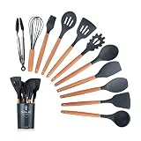Silicone Kitchen Utensils Set of 12pcs Cooking Utensils with Holder - Non-Stick Kitchen Tool Set for Cooking Baking - Heat Resistant & BPA Free with Wooden Handle - Home Kitchen Essentials (Grey)