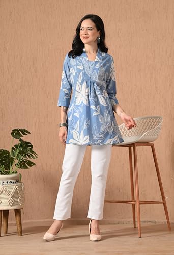 Image of Amazon Brand - Tavasya Women Ethnic Printed V-Neck Cotton Short A-line Kurta | Stylish Casual Everyday Office Top | 3 /4th Sleeve | Regular Fit