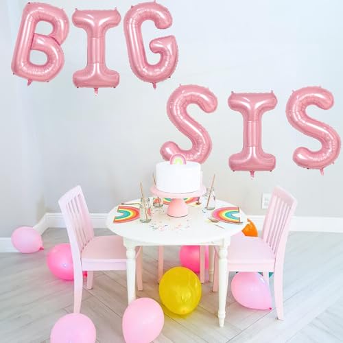 Image of 40 Inch Pastel Pink BIG SIS Letter Balloons, Pearl Pink BIG SIS Balloon Letters with Ribbon, Light Pink Baby Girls Alphabet Balloon for Her Baby Shower Birthday Gender Reveal Party Decoration Supplies