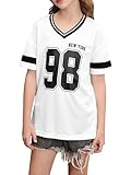 SHENHE Girl's Graphic Baseball Jersey Shirt V Neck Short Sleeve Loose Sport Teen Preppy Tshirt Top White 10 Years