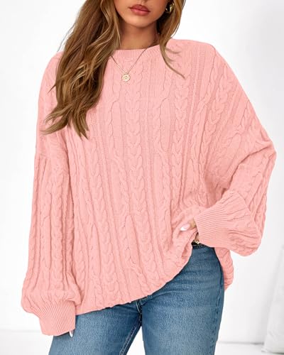 KIRUNDO Oversized Chunky Cable Knit Sweater Women 2026 Fall Fashion Cozy Long Sleeve Crewneck Pullover Winter Clothing(Pink, X-Large) — view 3