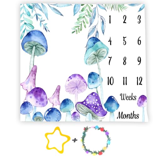 Image of Mushroom Theme Baby Monthly Milestone Blanket, Soft Flannel Watercolor Spring Tropical Eucalyptus Leaves Botanical Photography Prop Newborn Baby Shower Age Growth Tracker (Purple Blue, 60x40in)