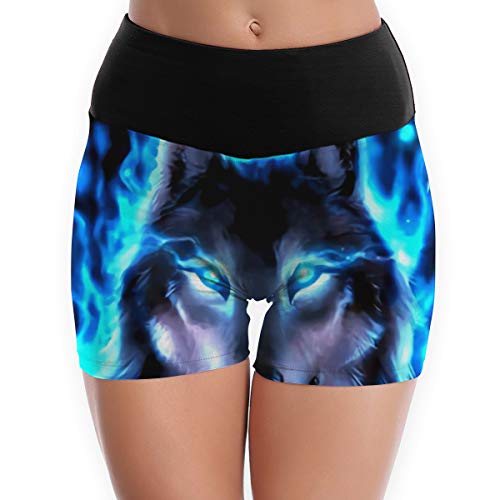 NiYoung Women's High Waist Workout Yoga Shorts Non See-Through 4 Way Stretch Tummy Control Workout Running Athletic Shorts Size L, Amazing Lighting Blue Fire Flame Wolf