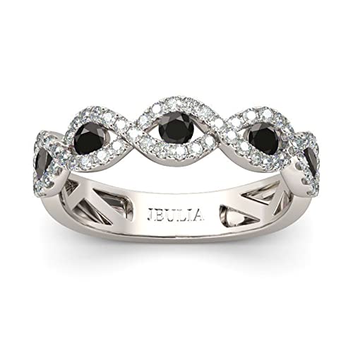 Jeulia Engraved Wedding Stackable Rings: Sterling Silver Band Half Eternity Sapphire Blue Engagement White Diamond Cubic Zirconia CZ Anniversary Promise Rings with Jewelry Box