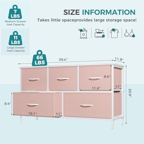 Image of OLIXIS Pink Dresser for Girls Bedroom, Wide Dresser for Closet, 5 Drawers | Closet Organizers and Storage with Bins, Fabric Chest of Drawers for Clothes Storage, Wooden Top, Living Room
