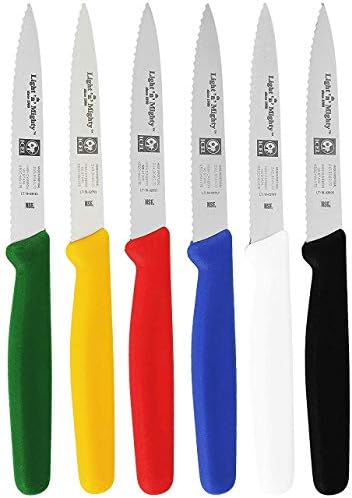 Icel Serrated Paring Knife Set. Great for All Kind of Kitchen Prep work, Like Chopping Mincing Dicing. 6-Piece Set Includes One Red, Blue, Yellow, Green, Black and White knives Light 'n' Mighty