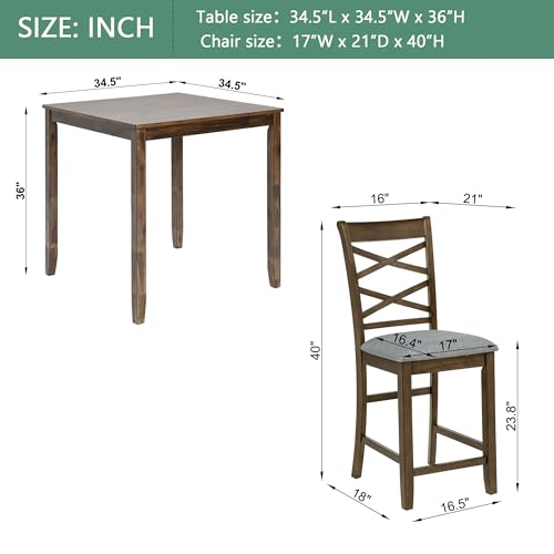 Image of Harper & Bright Designs Counter Height Dining Table Set 5-Piece, 34.5 inch Square Wooden Table & 4 Upholstered Chairs, Modern Walnut Finish Counter Height Set for Kitchen, Dining Room, Small Spaces