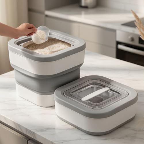 DAZZLEREE Rice Storage Container 20 lbs, Collapsible Bucket with Magnetic Airtight Lid, Pet Food Container, Foldable Ingredient Bin for Kitchen Pantry Organization
