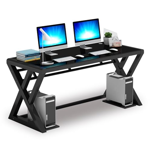 IPKIG Glass Computer Desk, Modern Computer Desk with Carbon Steel Frame and Glass Top, Home Office Desks Computer Table Study Writing Desk Workstation for Living Room (Black, 55.1 Inch)