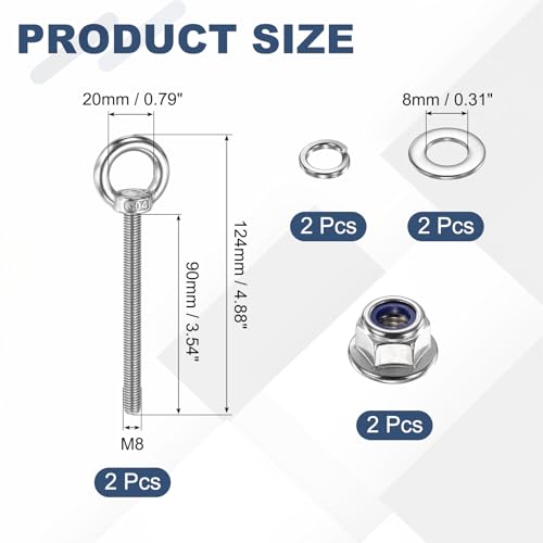 Image of PATIKIL M8 x 90mm Shoulder Eye Bolt, 2 Pcs 304 Stainless Steel Lifting Ring Threaded Eye Bolt with Flange Lock Nuts Spring and Flat Washers for Hanging Tie Down Straps Outdoor Indoor