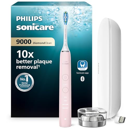 Philips Sonicare DiamondClean 9000 Pink Electric Toothbrush, 4 Modes, 3 Intensities, Gum Pressure Sensor, App, Connected Handle, USB Travel Case, UK 2-Pin Bathroom Plug - HX9911/53