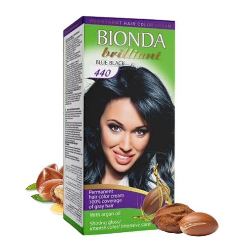 Bionda Brilliant 440 Tinte permanente para el cabello azul y negro, 100 ml, cobertura 100% de canas, con aceite de argán, fórmula nutritiva de aceite, brillo intenso, raíz y longitudes completas