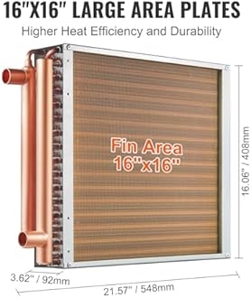 VEVOR Heat Exchanger Water to Air, 16"x 16" with 3-Row 3/8" Copper Ports, 193 Aluminum Fins Heat Exchanger for Outdoor Wood Furnaces, Residential Heating and Cooling, and Forced Air Heating