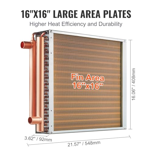 VEVOR Heat Exchanger Water to Air, 16"x 16" with 3-Row 3/8" Copper Ports, 193 Aluminum Fins Heat Exchanger for Outdoor Wood Furnaces, Residential Heating and Cooling, and Forced Air Heating