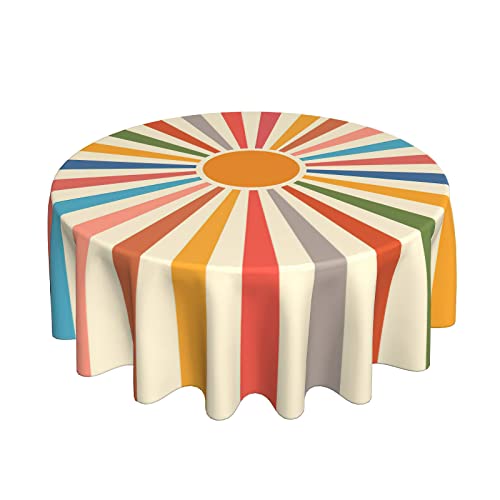 Colorful Boho Farmhouse Tablecloth Round 60 In Cream Vintage Sun Rainbow Stripes Rustic Bohemian Washable Wrinkle Stain-Resistant Table Cloth Polyester Table Cover for Kitchen Dinning Parties Holiday