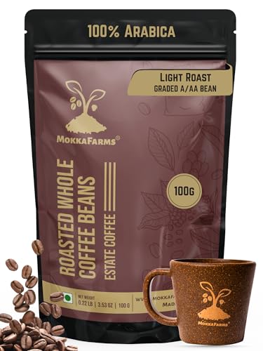 Image of MokkaFarms Premium Roasted Coffee Beans 100g | 100% Arabica | Light Roast | Fresh Estate Coffee | Graded A /AA Whole Beans | Strong Flavor & Aroma | Farm to Fork Quality | Resealable Zip Lock Bag