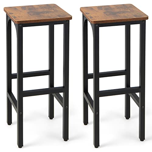 COSTWAY Industrial Bar Stools Set of 2, 28-inch Counter Height Bar Chairs with Footrest, Adjustable Feet, Metal Frame, Backless Counter Height Barstools for Kitchen Island Dining Room, Rustic Brown
