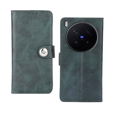 Image of amazon basics Vivo X300 Pro 5G Flip Cover | Card Pockets Wallet & Stand | Flip Cover for Vivo X300 Pro 5G (Green Button)