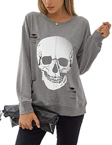 Blooming Jelly Women's Crewneck Sweatshirt Skull Graphic T Shirts Long Sleeve Top Pullover Oversized Sweaters(Medium,Grey?