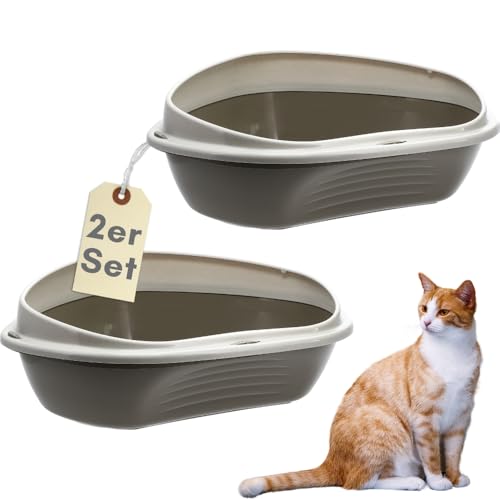 2er Set Katzenklo Ecke XXL Eck Katzentoilette mit Rand ohne Deckel Ecktoilette offen grau Katzen WC Doppelpack Sparpaket Katzentoiletten