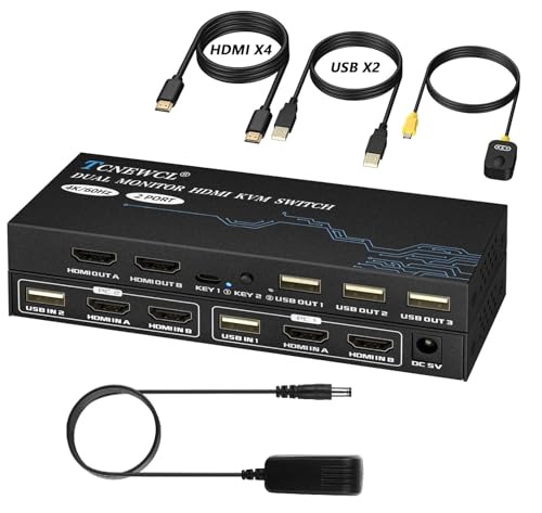 Conmutador KVM HDMI 2 PC 4K @ 60 Hz, monitor dual 2 en 2 salidas con fuente, 4 HDMI y 2 USB