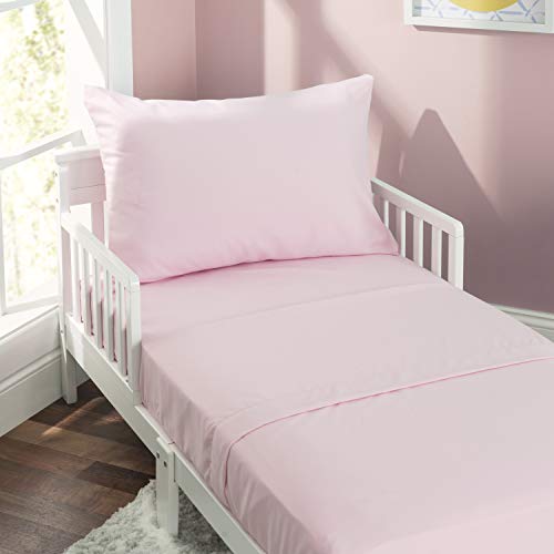 Everyday Kids 4 Piece Toddler Bedding Set - Includes Comforter, Flat Sheet, Fitted Sheet And Reversible Pillowcase - Solid Pink #TOP2